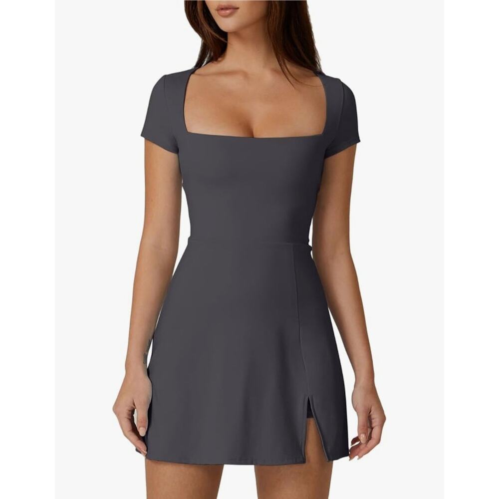 Tennis Dress for Women Square Neck Short Sleeve Skort w/ Pocket, Medium, Gray